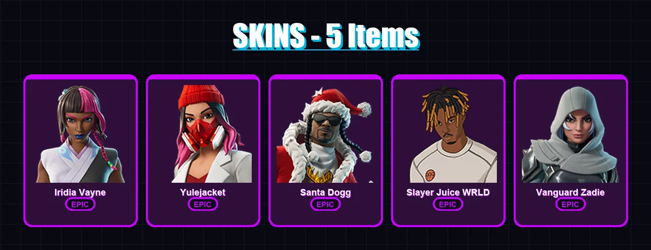 [PS4/PS5/XBOX/PC] | Iridia Vayne | Yulejacket | Santa Dogg | Slayer Juice WRLD | Vanguard Zadie | 5 skin | 40 pickaxe | 17 emote | 27 glider | Lv445