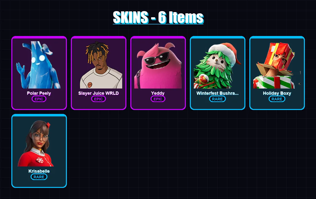 [PC] | Polar Peely | Slayer Juice WRLD | Yeddy | Winterfest Bushranger | Holiday Boxy | 6 skin | 21 pickaxe | 14 emote | 19 glider | Lv369