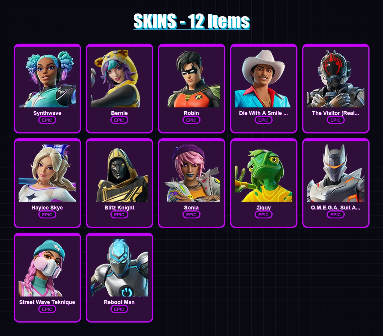 [PC/XBOX] | Synthwave | Bernie | Robin | Die With A Smile Bruno | The Visitor (Reality Unknown) | 12 skin | 25 pickaxe | 16 emote | 18 glider | Lv11