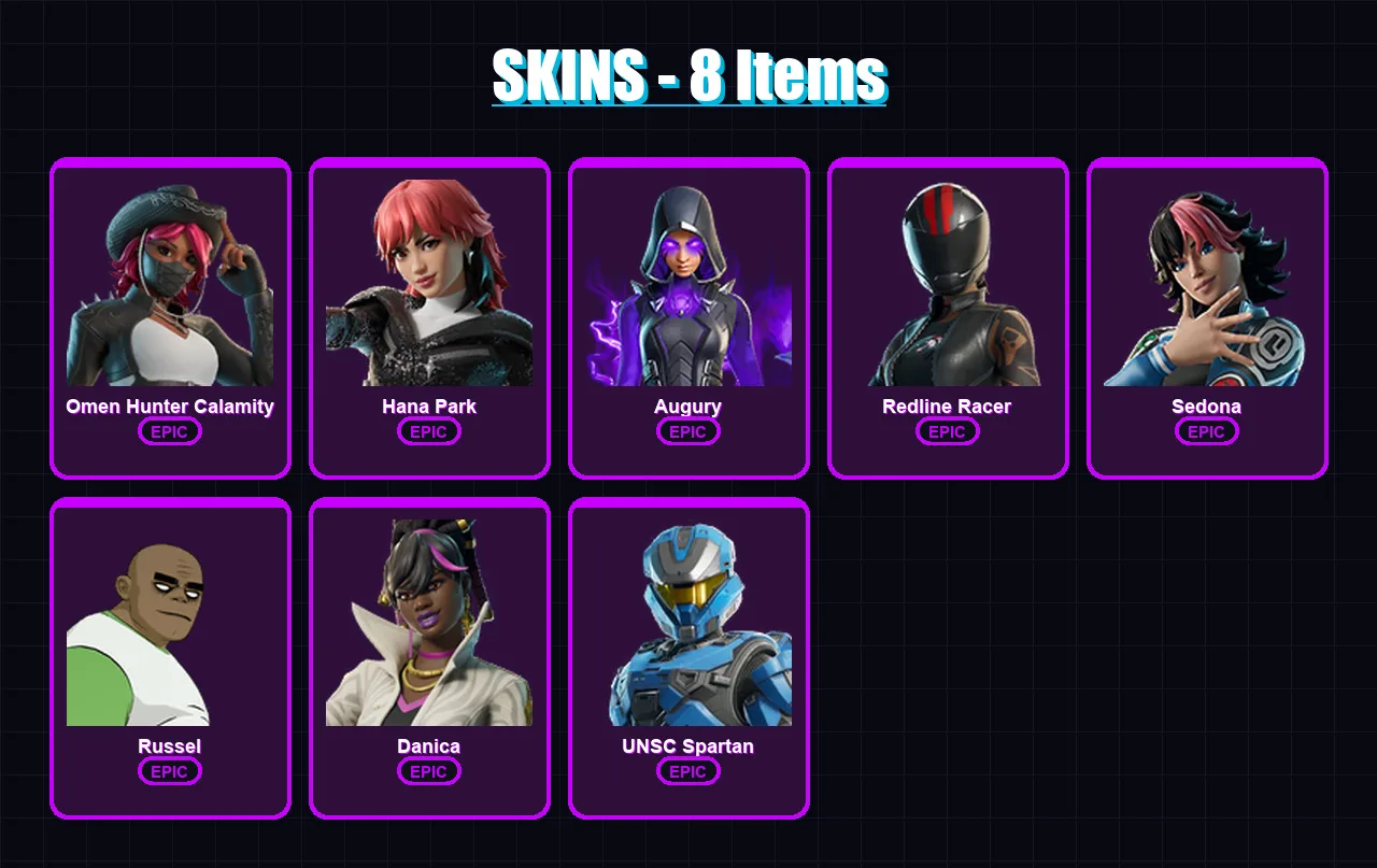 [PC/XBOX] | Omen Hunter Calamity | Hana Park | Augury | Redline Racer | Sedona | 8 skin | 6 pickaxe | 2 emote | 3 glider | Lv8