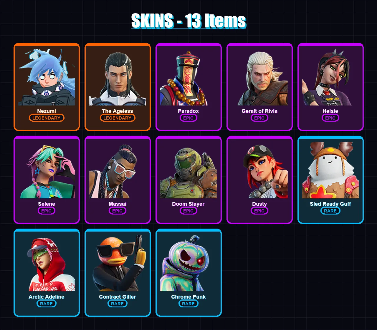 [PS4/PS5/XBOX/PC] | Nezumi | The Ageless | Paradox | Geralt of Rivia | Helsie | 13 skin | 27 pickaxe | 25 emote | 26 glider | Lv468