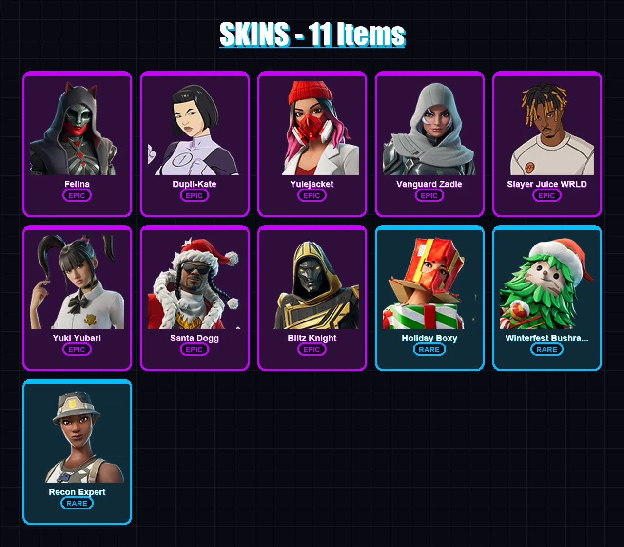 [PC/PSN] | Felina | Dupli-Kate | Yulejacket | Vanguard Zadie | Slayer Juice WRLD | 11 skin | 68 pickaxe | 31 emote | 52 glider | Lv1533