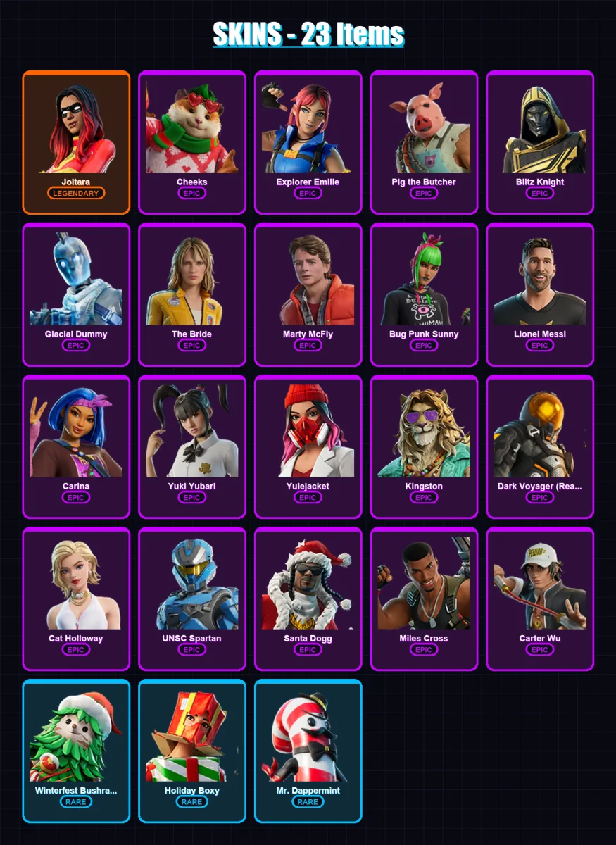 [PC/PSN] | Joltara | Cheeks | Explorer Emilie | Pig the Butcher | Blitz Knight | 23 skin | 62 pickaxe | 28 emote | 43 glider | Lv586