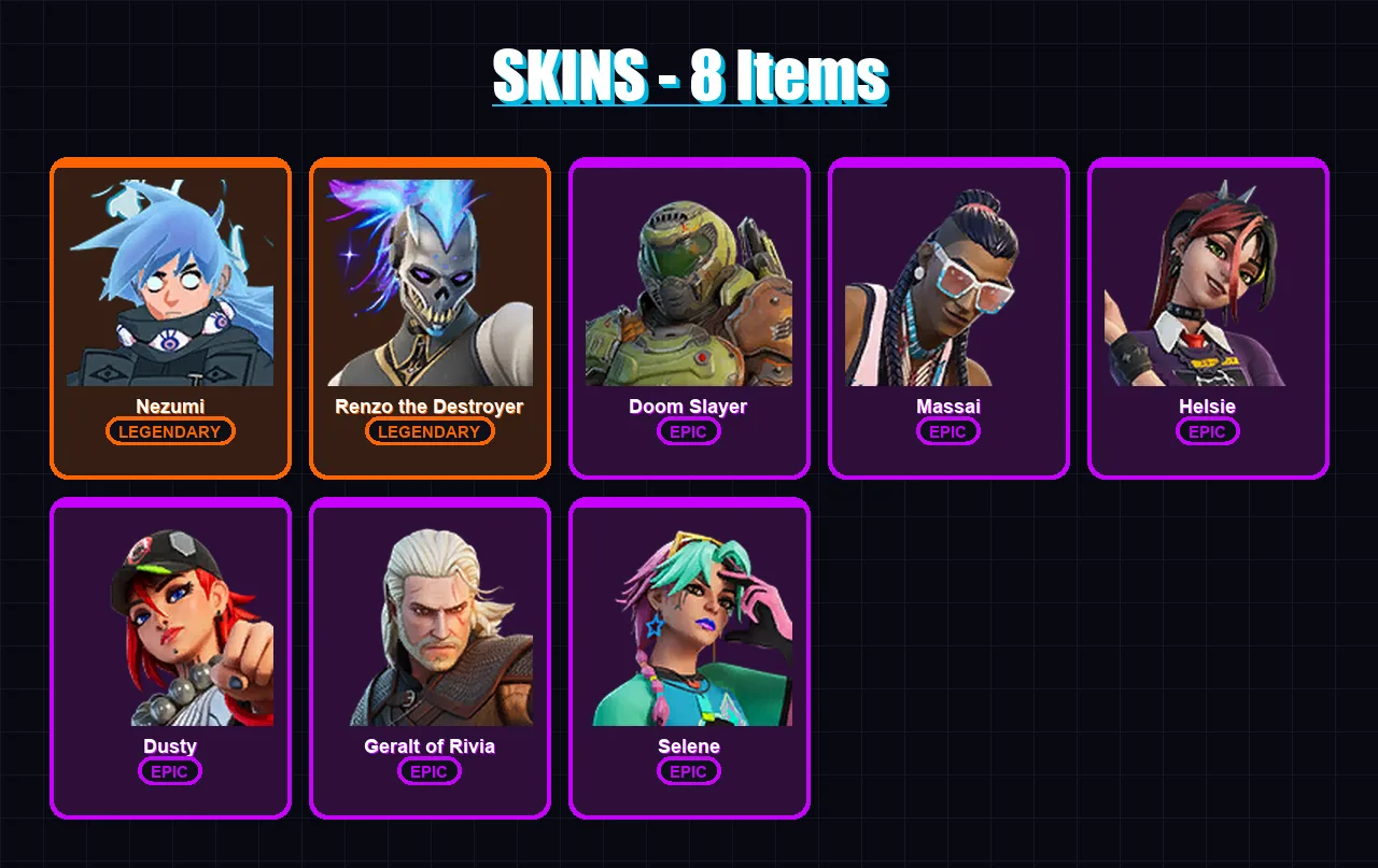 [PC/XBOX] | Nezumi | Renzo the Destroyer | Doom Slayer | Massai | Helsie | 8 skin | 25 pickaxe | 27 emote | 23 glider | Lv574