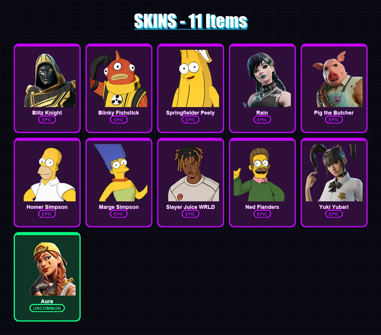 [PC/XBOX/PSN] | Blitz Knight | Blinky Fishstick | Springfielder Peely | Rain | Pig the Butcher | 11 skin | 66 pickaxe | 23 emote | 36 glider | Lv599