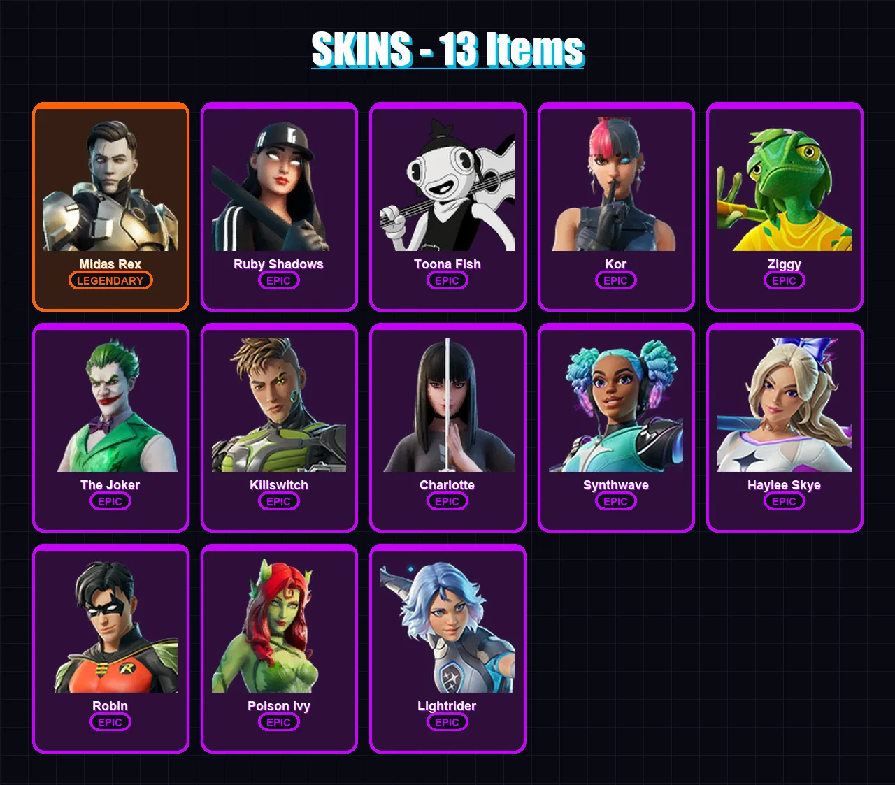 [PC/XBOX/PSN] | Midas Rex | Ruby Shadows | Toona Fish | Kor | Ziggy | 13 skin | 31 pickaxe | 16 emote | 16 glider | Lv219 — Fortnite account