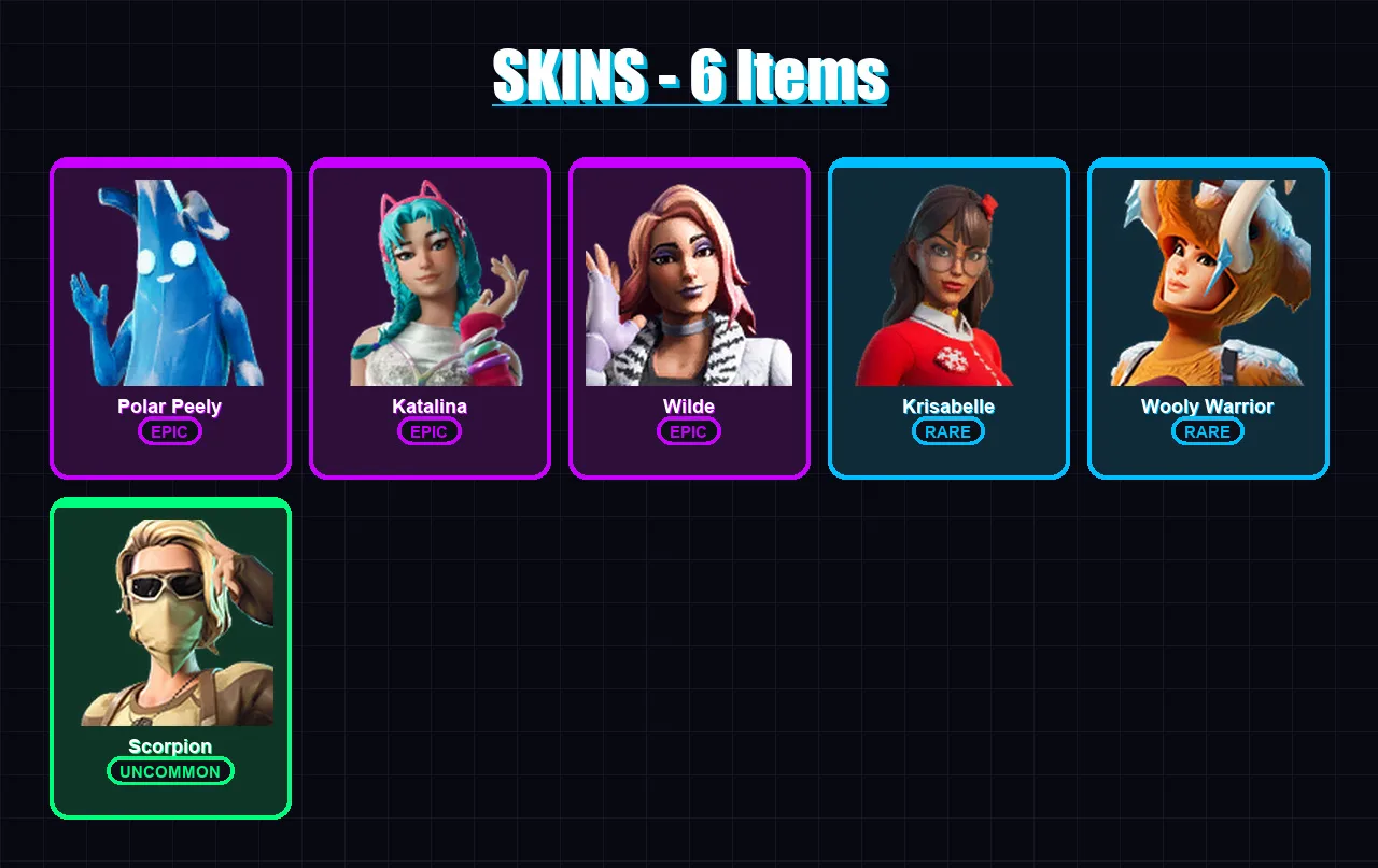 [PS4/PS5/XBOX/PC] | Polar Peely | Katalina | Wilde | Krisabelle | Wooly Warrior | 6 skin | 17 pickaxe | 17 emote | 16 glider | Lv342