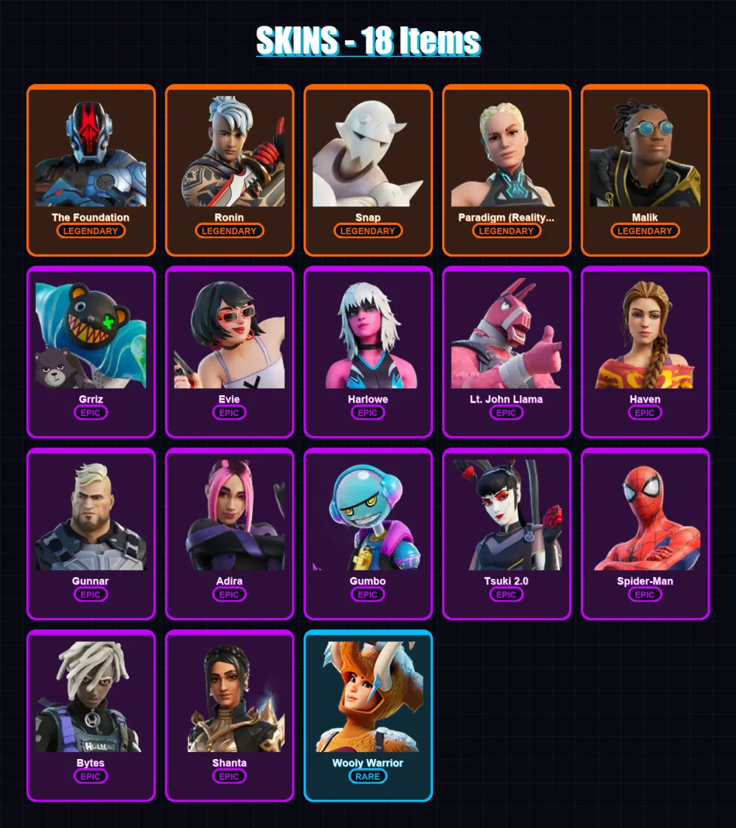 [PC] | The Foundation | Ronin | Snap | Paradigm (Reality-659) | Malik | 18 skin | 27 pickaxe | 21 emote | 27 glider | Lv341