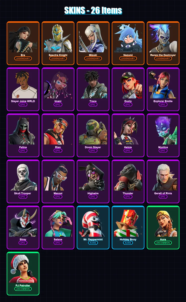 [PC/XBOX/PSN] | Era | Spectra Knight | Mizuki | Nezumi | Renzo the Destroyer | 26 skin | 34 pickaxe | 30 emote | 32 glider | Lv370 — Fortnite account
