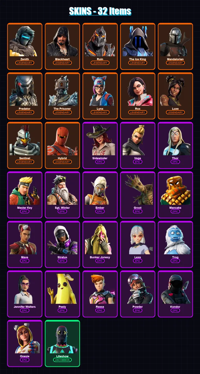 [PS4/PS5/XBOX/PC] | Zenith | Blackheart | Ruin | The Ice King | Mandalorian | 32 skin | 28 pickaxe | 30 emote | 35 glider | Lv483
