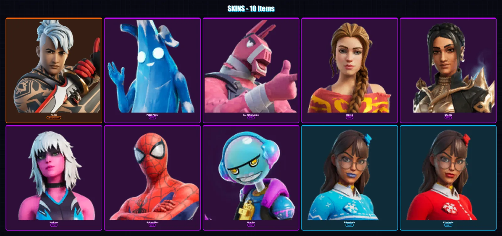 [PC/XBOX/PSN] | Ronin | Polar Peely | Lt. John Llama | Haven | Shanta | 10 skin | 13 pickaxe | 15 emote | 15 glider | Lv197