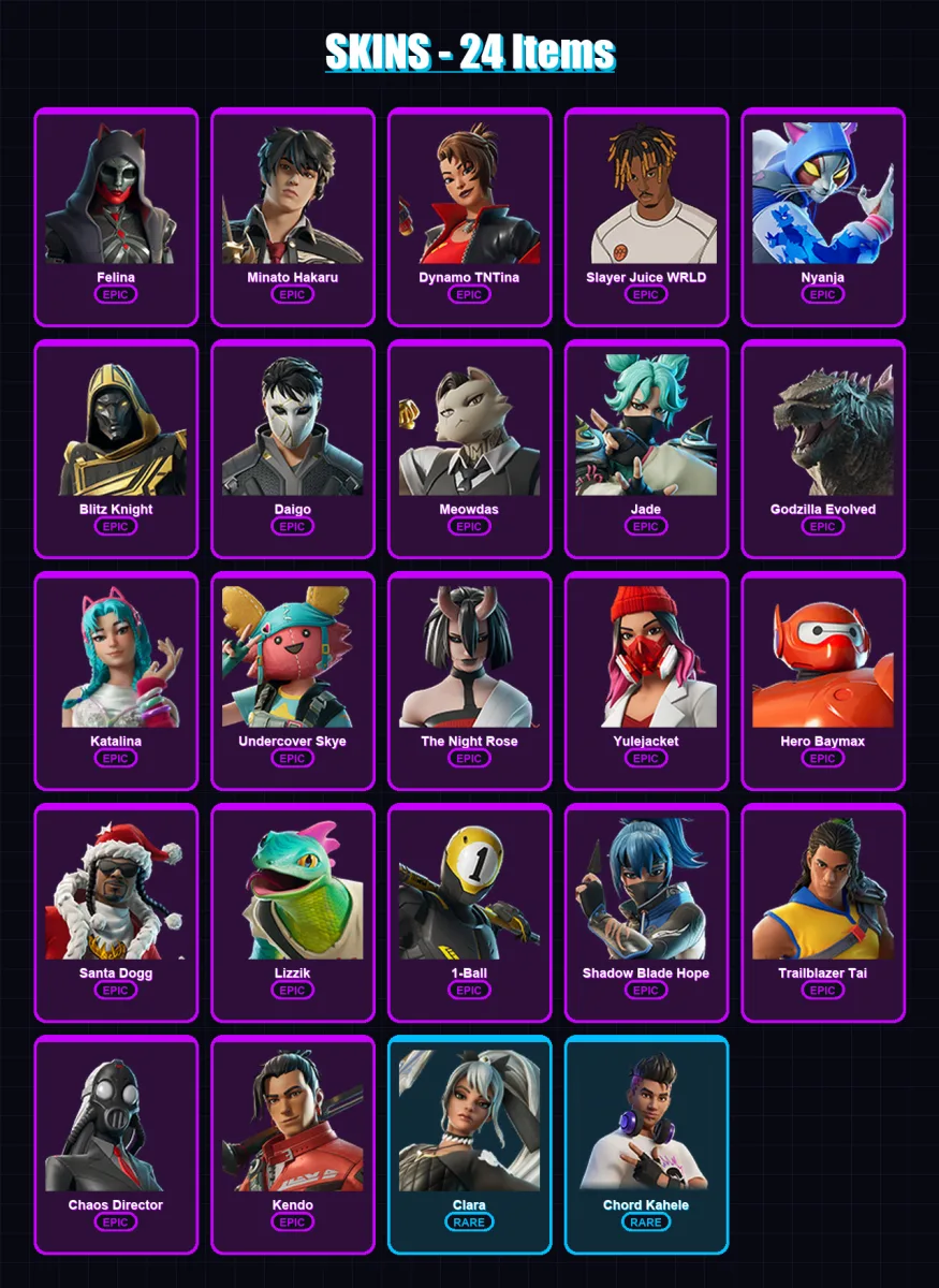 [PC/XBOX/PSN] | Felina | Minato Hakaru | Dynamo TNTina | Slayer Juice WRLD | Nyanja | 24 skin | 66 pickaxe | 35 emote | 37 glider | Lv525