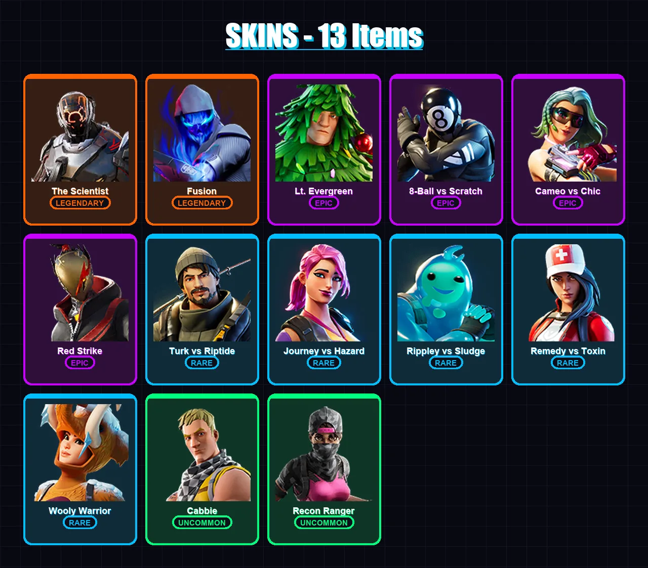 [PC/XBOX/PSN] | The Scientist | Fusion | Lt. Evergreen | 8-Ball vs Scratch | Cameo vs Chic | 13 skin | 14 pickaxe | 17 emote | 15 glider | Lv221