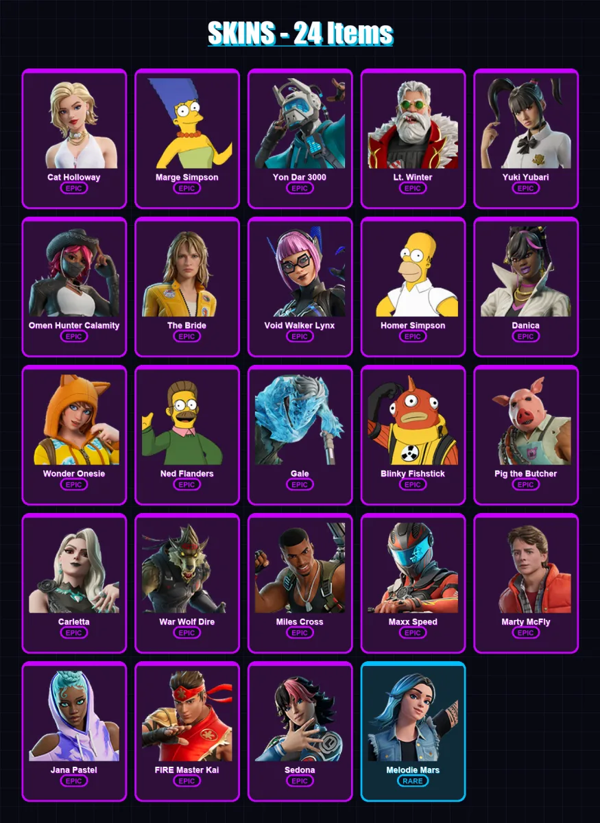 [PS4/PS5/PC] | Cat Holloway | Marge Simpson | Yon Dar 3000 | Lt. Winter | Yuki Yubari | 24 skin | 40 pickaxe | 27 emote | 26 glider | Lv199