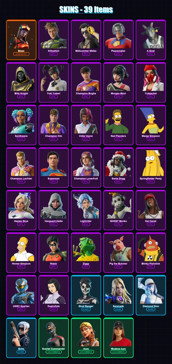 [PC/XBOX/PSN] | Blaze | Killswitch | Midsummer Midas | Peacemaker | A Goat | 39 skin | 78 pickaxe | 40 emote | 50 glider | Lv1268 — Fortnite account