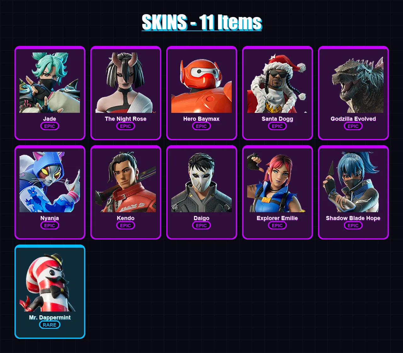 [PS4/PS5/XBOX/PC] | Jade | The Night Rose | Hero Baymax | Santa Dogg | Godzilla Evolved | 11 skin | 20 pickaxe | 12 emote | 13 glider | Lv92 — Fortnite account