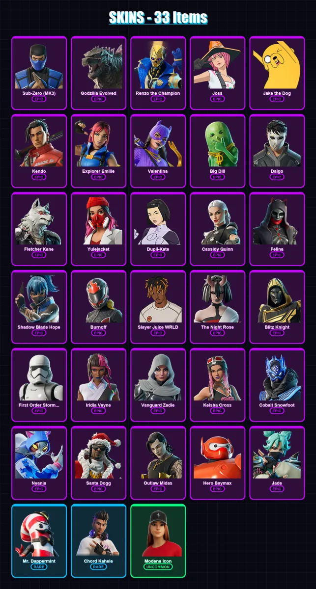 [PC/XBOX/PSN] | Sub-Zero (MK3) | Godzilla Evolved | Renzo the Champion | Joss | Jake the Dog | 33 skin | 66 pickaxe | 38 emote | 45 glider | Lv998