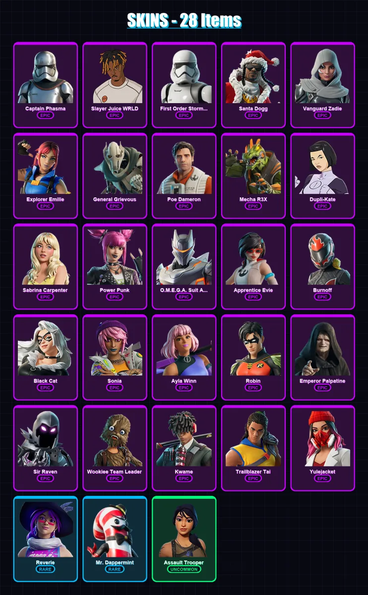 [PC/XBOX/PSN] | Captain Phasma | Slayer Juice WRLD | First Order Stormtrooper | 28 skin | Lv1112 — Fortnite account