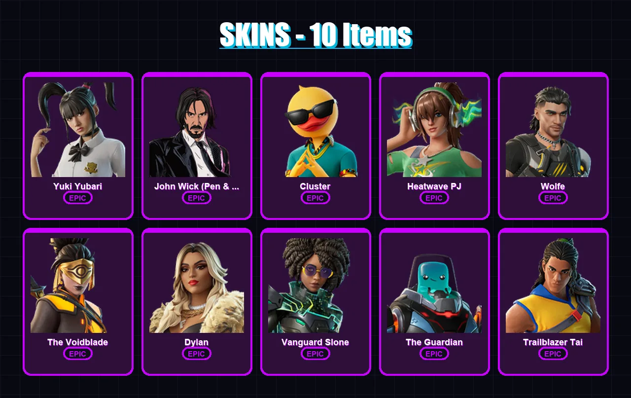 [PC/XBOX/PSN] | Yuki Yubari | John Wick (Pen & Ink) | Cluster | Heatwave PJ | Wolfe | 10 skin | 28 pickaxe | 20 emote | 21 glider | Lv226