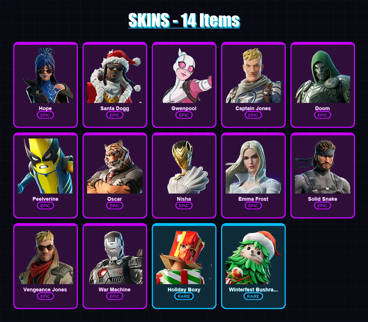 [PC/XBOX/PSN] | Hope | Santa Dogg | Gwenpool | Captain Jones | Doom | 14 skin | 21 pickaxe | 14 emote | 22 glider | Lv232