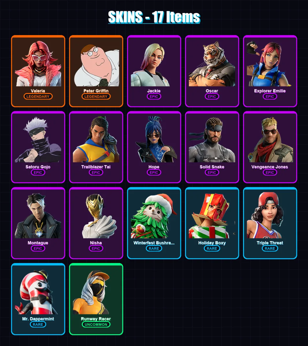 [PC/XBOX/PSN] | Valeria | Peter Griffin | Jackie | Oscar | Explorer Emilie | 17 skin | 12 pickaxe | 11 emote | 11 glider | Lv161 — Fortnite account