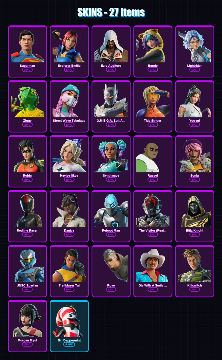 [PC/XBOX/PSN] | Superman | Explorer Emilie | Ezio Auditore | Bernie | Lightrider | 27 skin | 31 pickaxe | 21 emote | 20 glider | Lv157