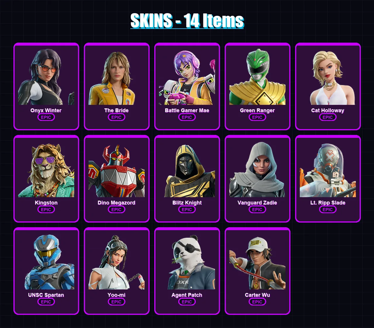 [PC/XBOX/PSN] | Onyx Winter | The Bride | Battle Gamer Mae | Green Ranger | Cat Holloway | 14 skin | 57 pickaxe | 35 emote | 38 glider | Lv553