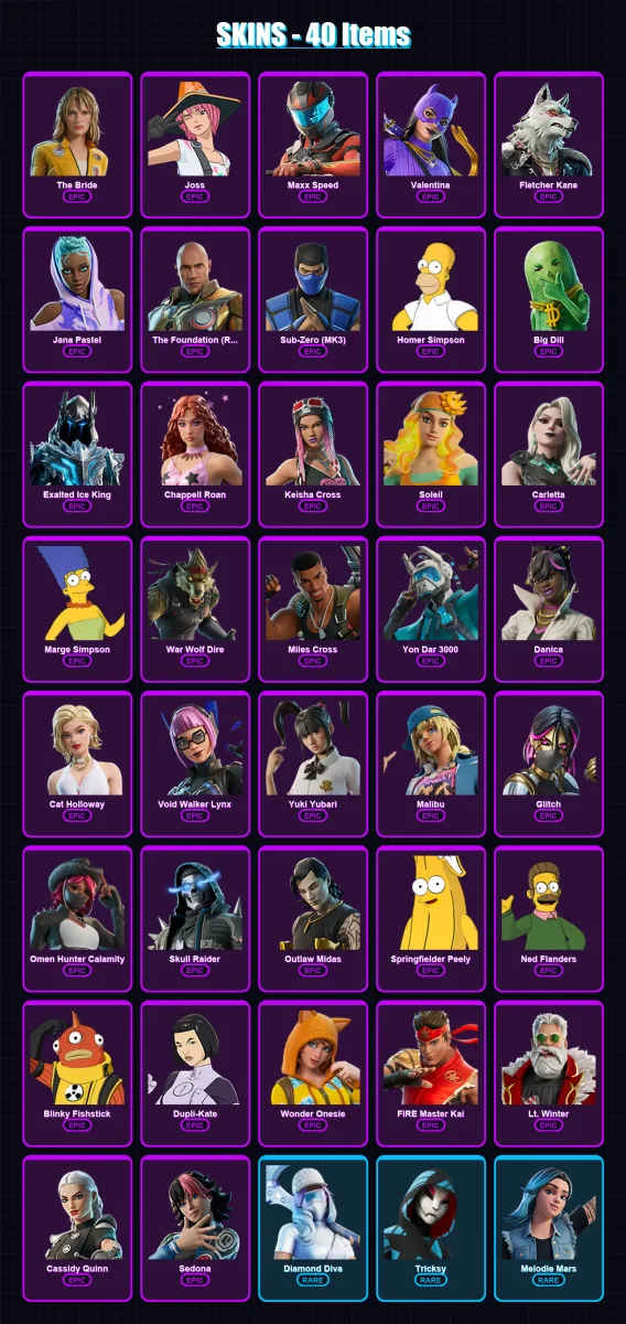 [PC/XBOX/PSN] | The Bride | Joss | Maxx Speed | Valentina | Fletcher Kane | 40 skin | 70 pickaxe | 43 emote | 39 glider | Lv511