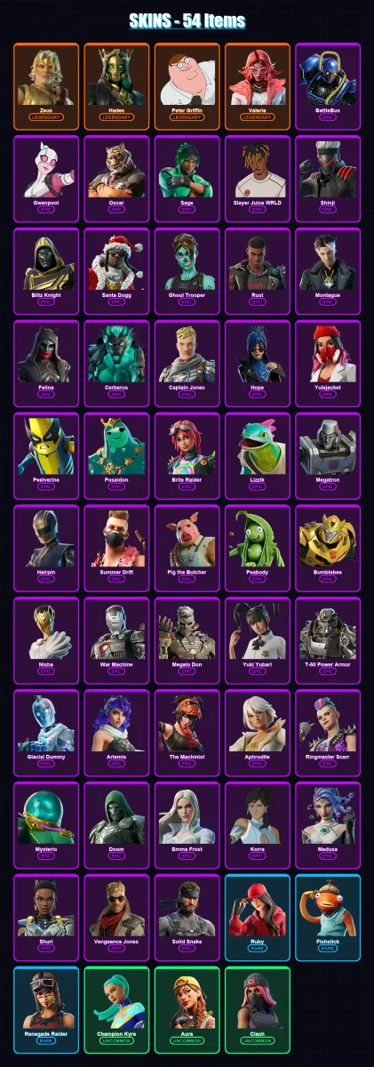 [PC/XBOX] | Zeus | Hades | Peter Griffin | Valeria | BattleBus | 54 skin | 119 pickaxe | 64 emote | 73 glider | Lv1101