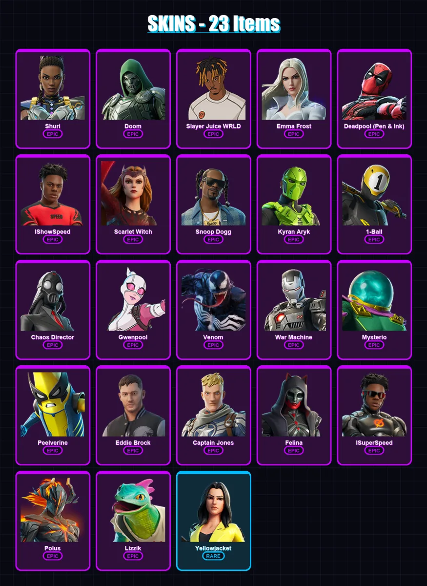 [PC/XBOX/PSN] | Shuri | Doom | Slayer Juice WRLD | Emma Frost | Deadpool (Pen & Ink) | 23 skin | 35 pickaxe | 23 emote | 17 glider | Lv176