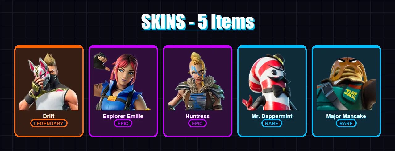 [PC/PSN] | Drift | Explorer Emilie | Huntress | Mr. Dappermint | Major Mancake | 5 skin | 5 pickaxe | 3 emote | 3 glider | Lv58