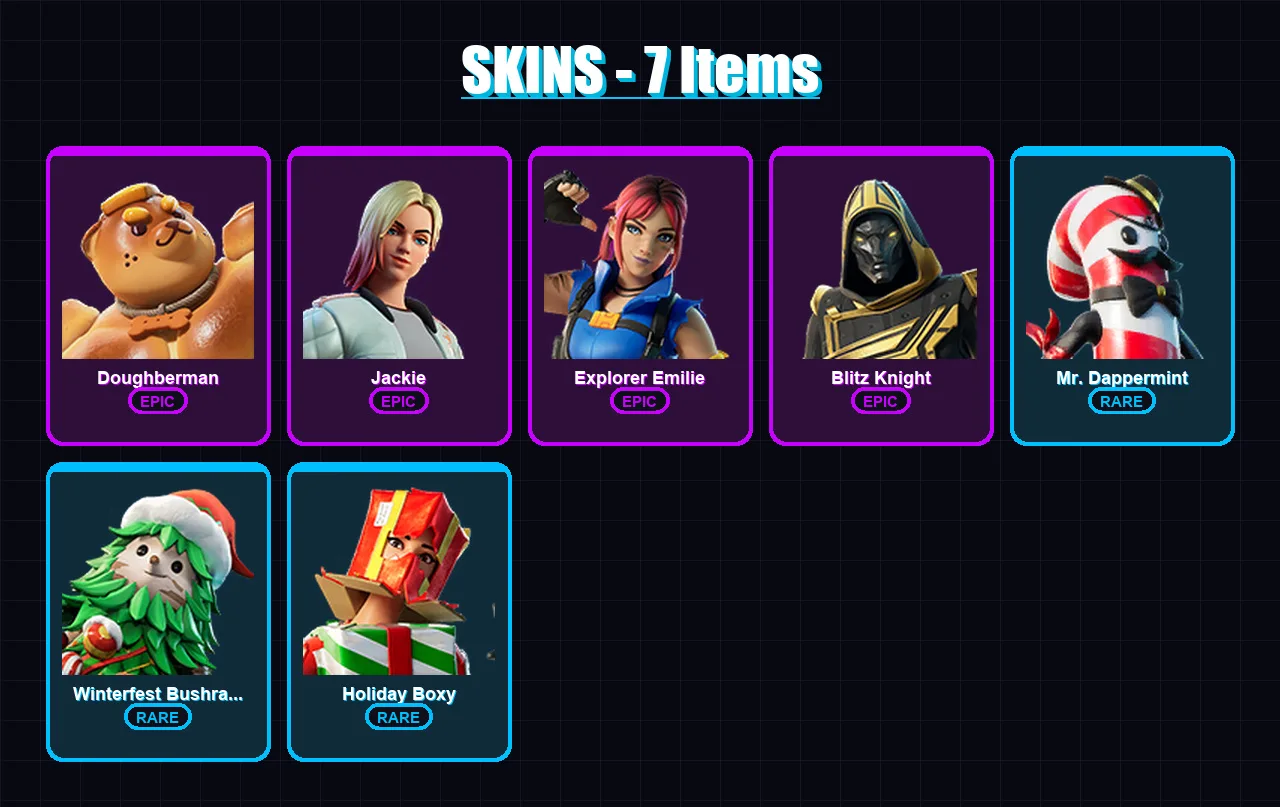 [PC/XBOX/PSN] | Doughberman | Jackie | Explorer Emilie | Blitz Knight | Mr. Dappermint | 7 skin | 26 pickaxe | 13 emote | 21 glider | Lv344