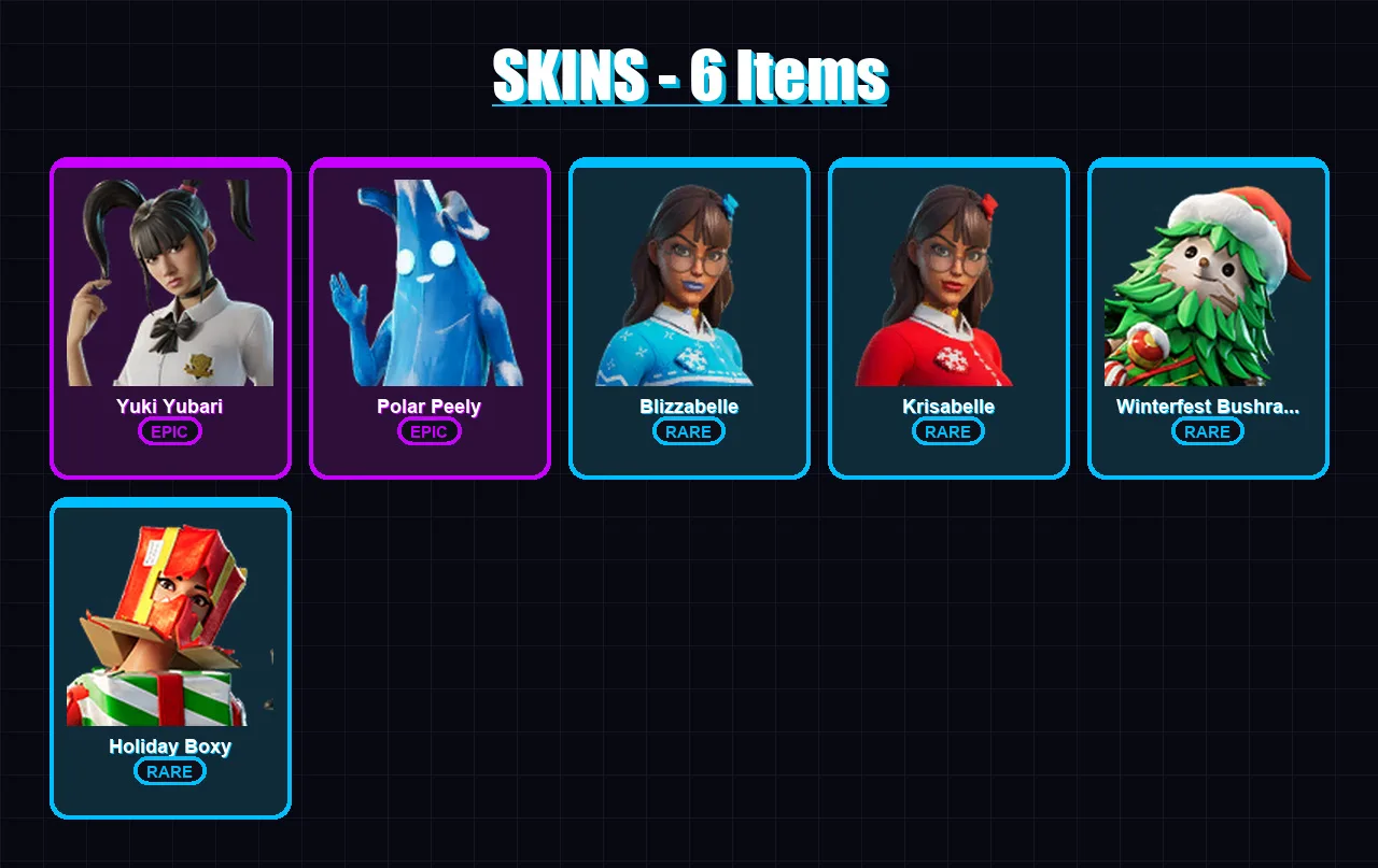 [PC/XBOX/PSN] | Yuki Yubari | Polar Peely | Blizzabelle | Krisabelle | Winterfest Bushranger | 6 skin | 29 pickaxe | 13 emote | 21 glider | Lv291