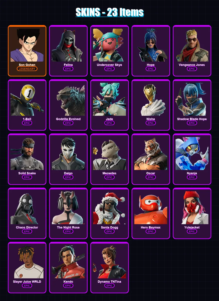[PC/XBOX/PSN] | Son Gohan | Felina | Undercover Skye | Hope | Vengeance Jones | 23 skin | 42 pickaxe | 23 emote | 32 glider | Lv488