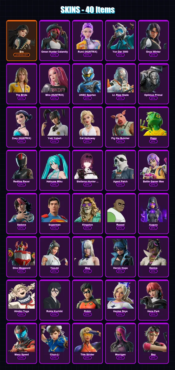 [PC/XBOX/PSN] | Era | Omen Hunter Calamity | Rumi (HUNTR/X) | Yon Dar 3000 | Onyx Winter | 40 skin | 60 pickaxe | 44 emote | 25 glider | Lv182