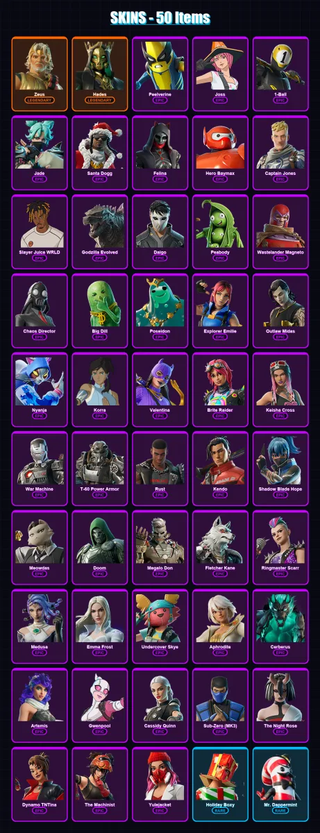 [PC/XBOX] | Zeus | Hades | Peelverine | Joss | 1-Ball | 50 skin | 85 pickaxe | 58 emote | 66 glider | Lv888