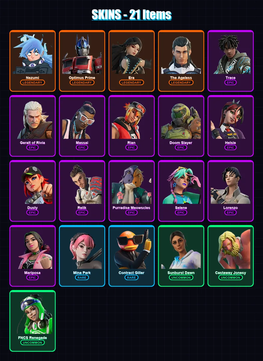 [PC/XBOX] | Nezumi | Optimus Prime | Era | The Ageless | Trace | 21 skin | 38 pickaxe | 24 emote | 28 glider | Lv432 — Fortnite account