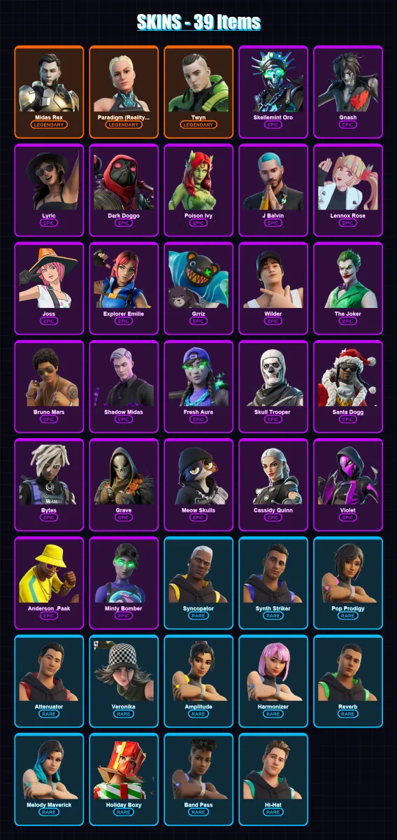 [PC/PSN] | Midas Rex | Paradigm (Reality-659) | Twyn | Skellemint Oro | Gnash | 39 skin | 58 pickaxe | 30 emote | 35 glider | Lv807 — Fortnite account