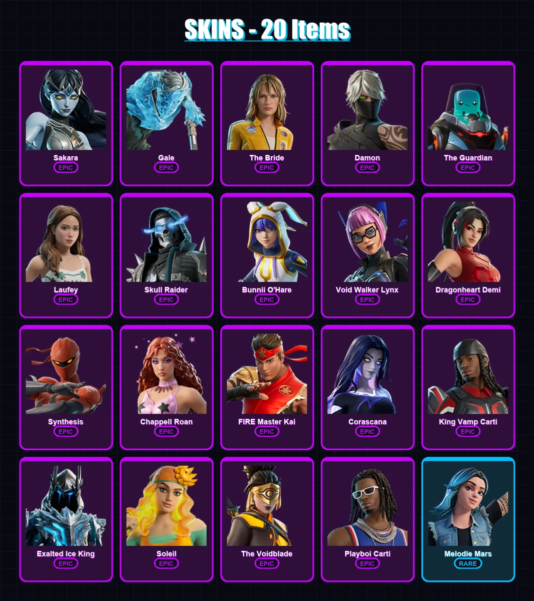 [PC/PSN] | Sakara | Gale | The Bride | Damon | The Guardian | 20 skin | 17 pickaxe | 5 emote | 5 glider | Lv42