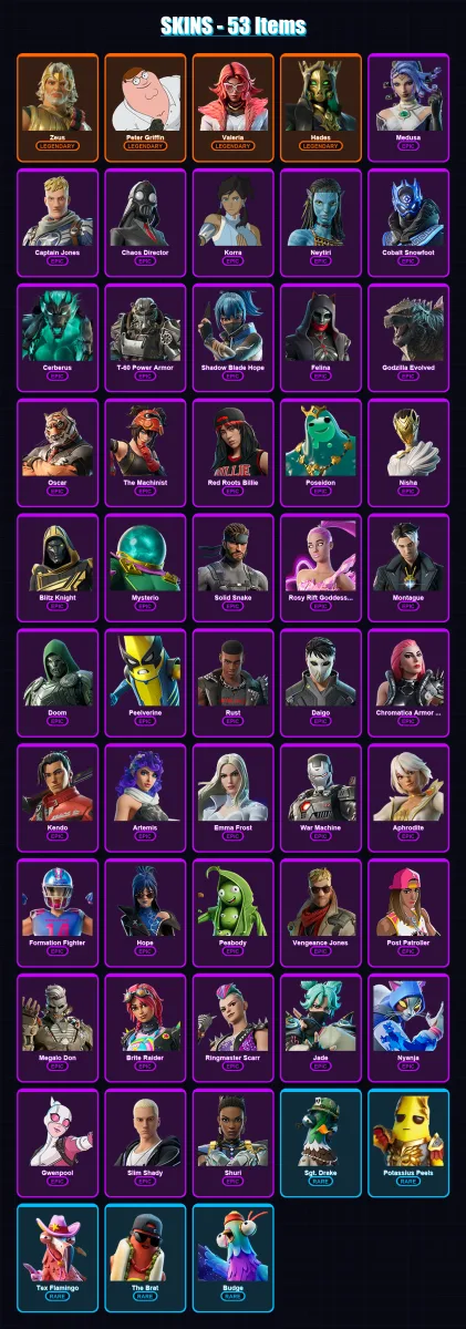 [PS4/PS5/XBOX/PC] | Zeus | Peter Griffin | Valeria | Hades | Medusa | 53 skin | 72 pickaxe | 73 emote | 52 glider | Lv604