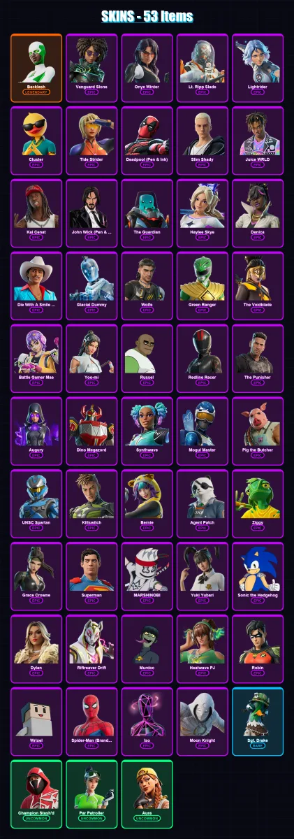 [PC/XBOX/PSN] | Backlash | Vanguard Slone | Onyx Winter | Lt. Ripp Slade | Lightrider | 53 skin | 84 pickaxe | 57 emote | 50 glider | Lv825