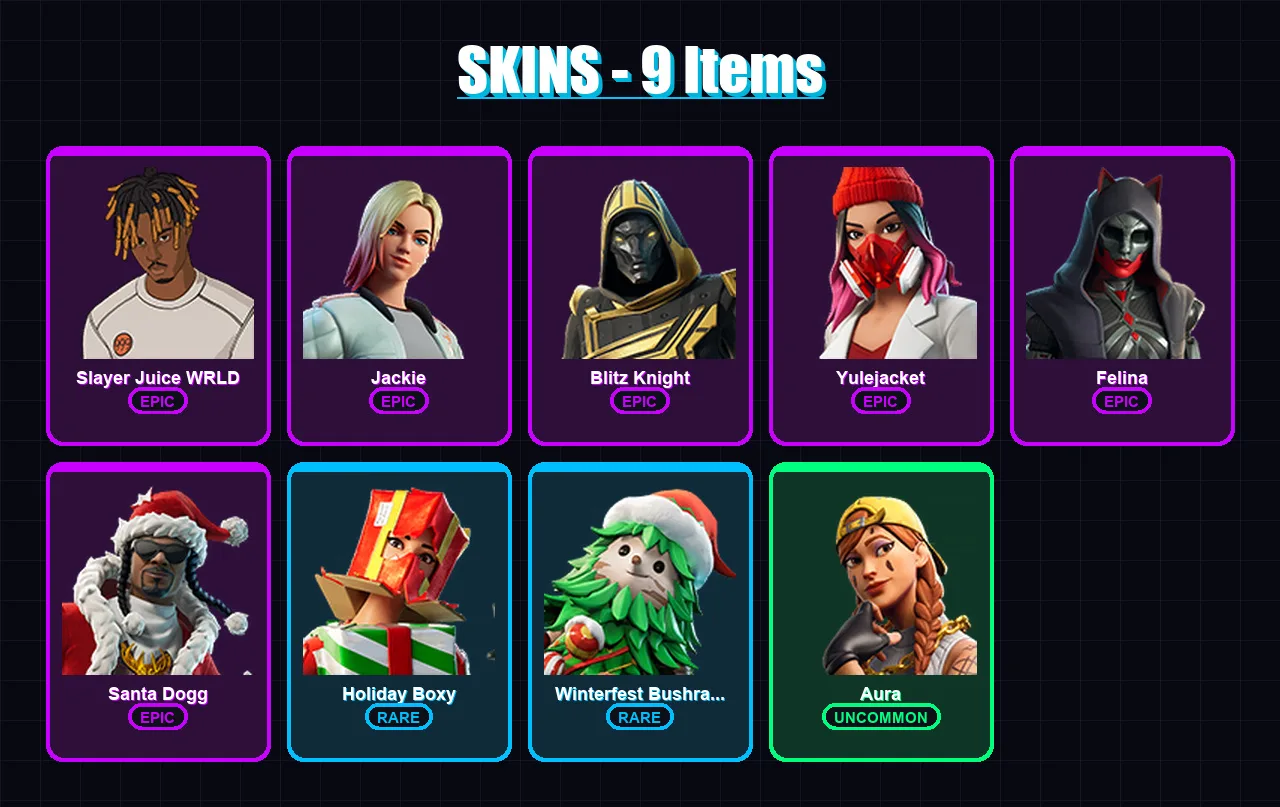 [PC/XBOX/PSN] | Slayer Juice WRLD | Jackie | Blitz Knight | Yulejacket | Felina | 9 skin | 52 pickaxe | 23 emote | 37 glider | Lv643
