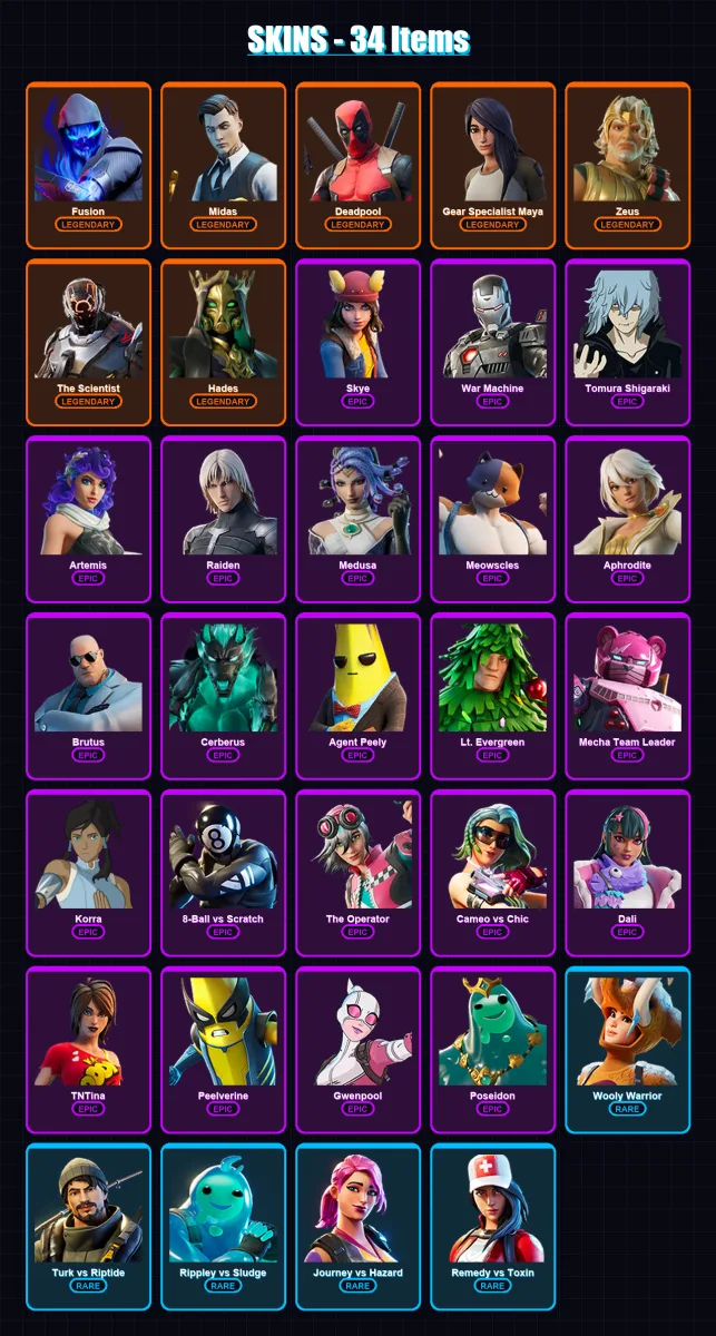 [PC/XBOX/PSN] | Fusion | Midas | Deadpool | Gear Specialist Maya | Zeus | 34 skin | 51 pickaxe | 64 emote | 53 glider | Lv1011 — Fortnite account