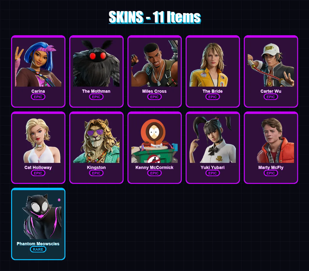 [PC/XBOX/PSN] | Carina | The Mothman | Miles Cross | The Bride | Carter Wu | 11 skin | 14 pickaxe | 14 emote | 12 glider | Lv85