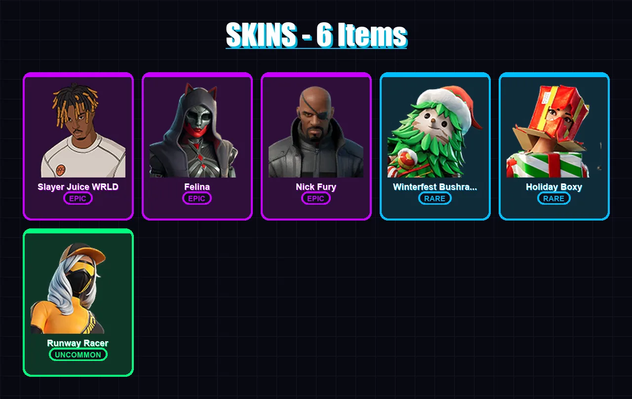 [PC/XBOX/PSN] | Slayer Juice WRLD | Felina | Nick Fury | Winterfest Bushranger | Holiday Boxy | 6 skin | 39 pickaxe | 26 emote | 36 glider | Lv1210