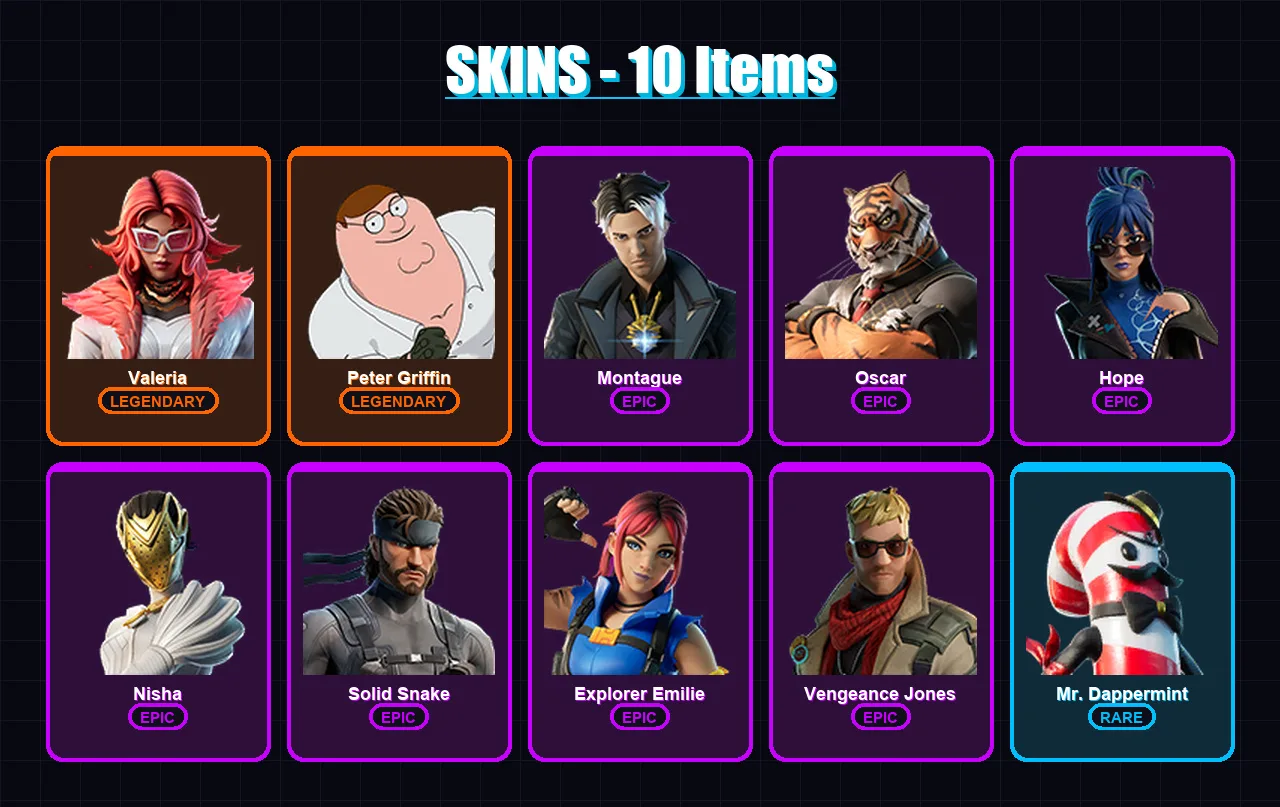 [PC/XBOX/PSN] | Valeria | Peter Griffin | Montague | Oscar | Hope | 10 skin | 16 pickaxe | 22 emote | 14 glider | Lv309