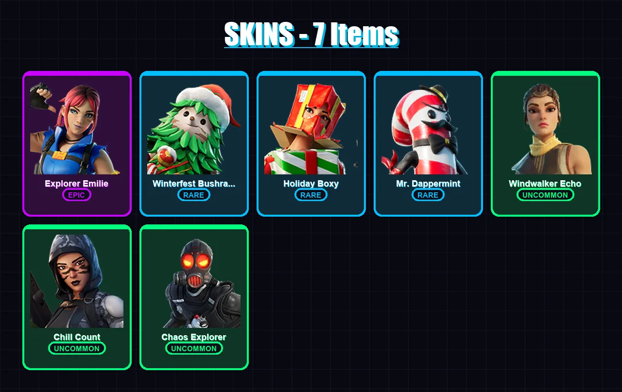 [PC/XBOX/PSN] | Explorer Emilie | Winterfest Bushranger | Holiday Boxy | 7 skin | Lv1162