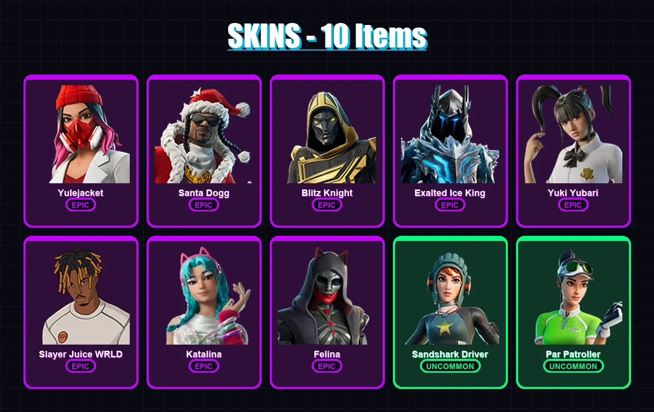 [PC/PSN] | Yulejacket | Santa Dogg | Blitz Knight | Exalted Ice King | Yuki Yubari | 10 skin | 78 pickaxe | 23 emote | 44 glider | Lv1220