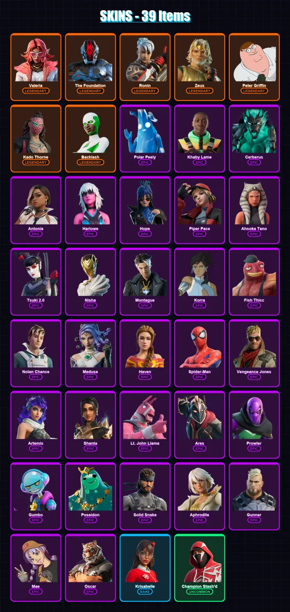[PC/PSN] | Valeria | The Foundation | Ronin | Zeus | Peter Griffin | 39 skin | 46 pickaxe | 45 emote | 42 glider | Lv515 — Fortnite account