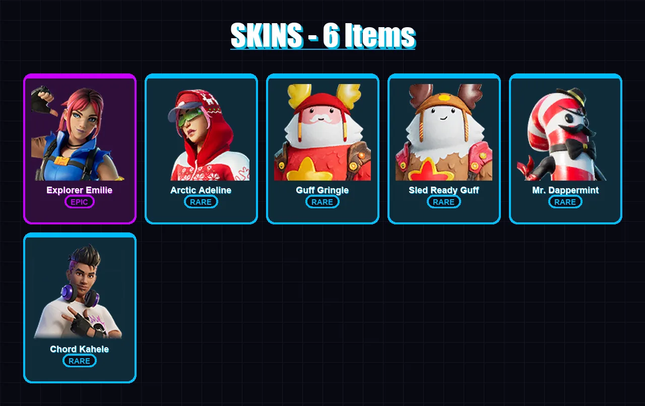 [PC/XBOX/PSN] | Explorer Emilie | Arctic Adeline | Guff Gringle | Sled Ready Guff | Mr. Dappermint | 6 skin | 3 pickaxe | 2 emote | 3 glider | Lv15